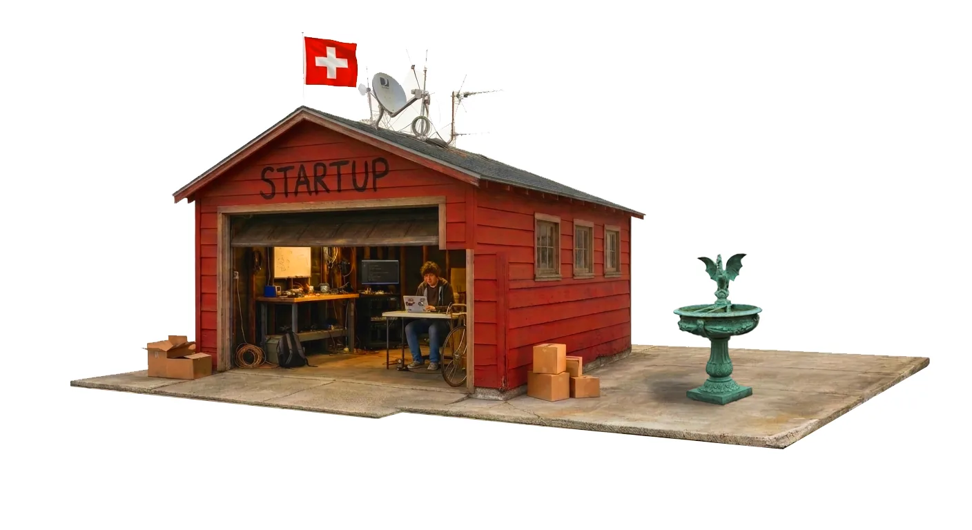 Eine kleine Startup-Garage mit Schweizer Fahne — hier begann Werkara