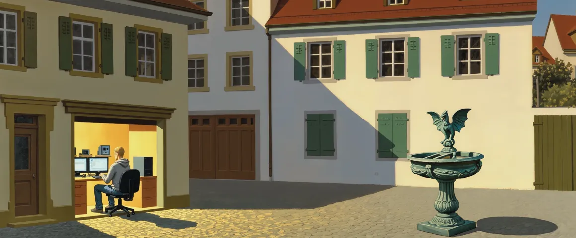 Ein kleines Büro im Erdgeschoss an einem sonnigen Basler Altstadtplatz mit Basilisken-Brunnen — hier arbeitet jemand am Computer