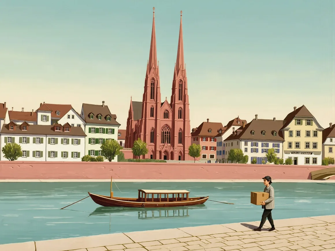 Painting of Basel: the red Münster towers above the Rhine, a ferry boat on the river and a young man carrying a box along the bank