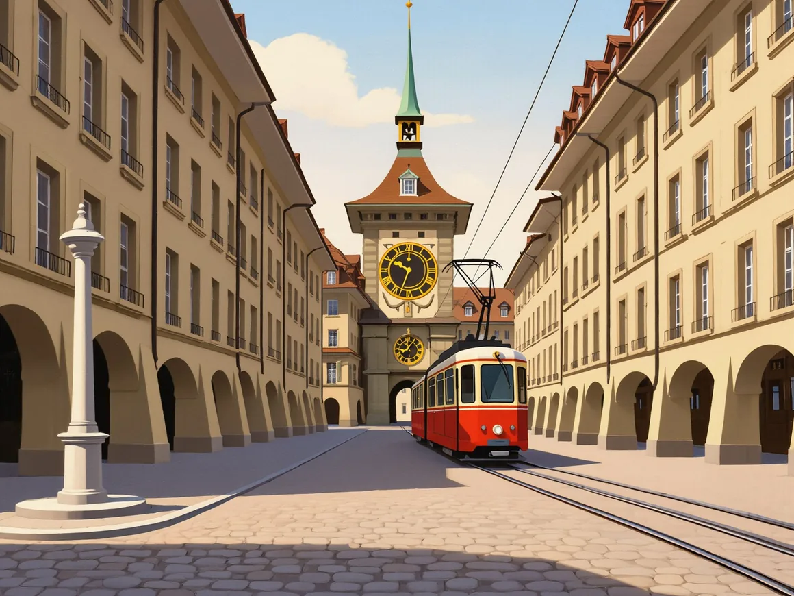 Gemälde der Berner Altstadt: der Zytglogge-Turm am Ende einer Laubengasse, ein rot-crèmefarbenes Tram auf dem Kopfsteinpflaster und eine Brunnensäule