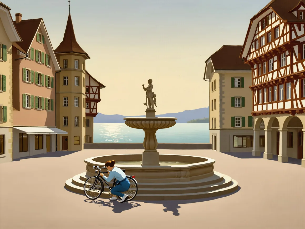 Gemälde der Bieler Altstadt: ein Brunnen mit Statue, Riegelhäuser, im Hintergrund der See und eine Frau, die ein Velo repariert