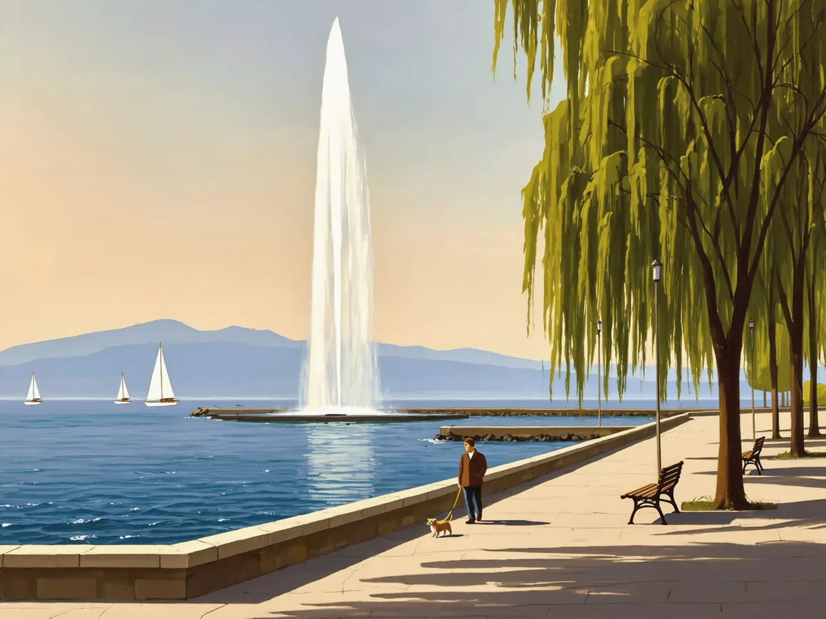 Gemälde von Genf: der Jet d’Eau auf dem Genfersee, Segelboote und ein Mann, der unter Trauerweiden einen kleinen Hund dem Quai entlang führt