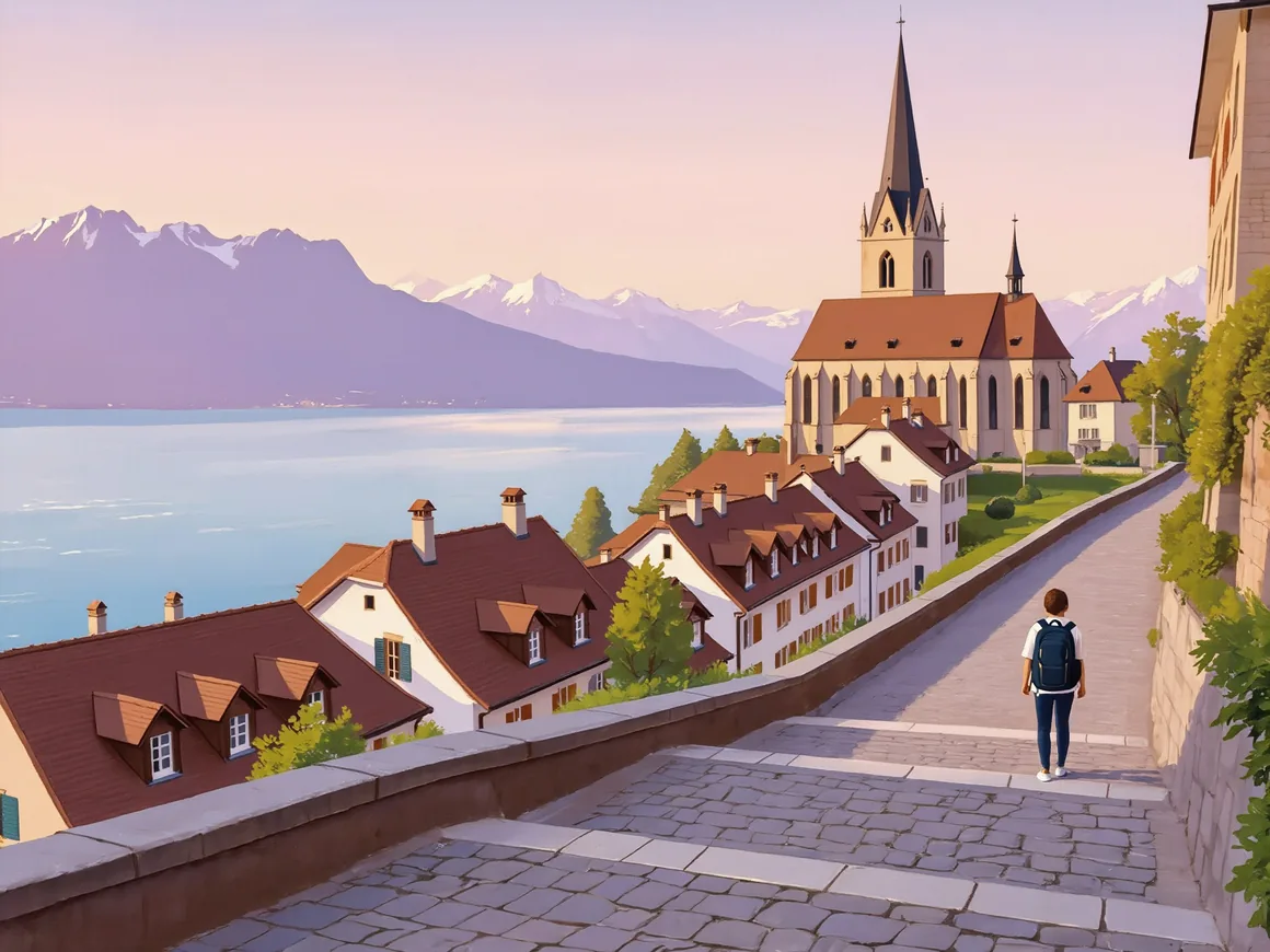 Gemälde von Lausanne: die Kathedrale über Ziegeldächern, dahinter der Genfersee und die Alpen, ein Student mit Rucksack geht eine Gasse mit Kopfsteinpflaster hinunter