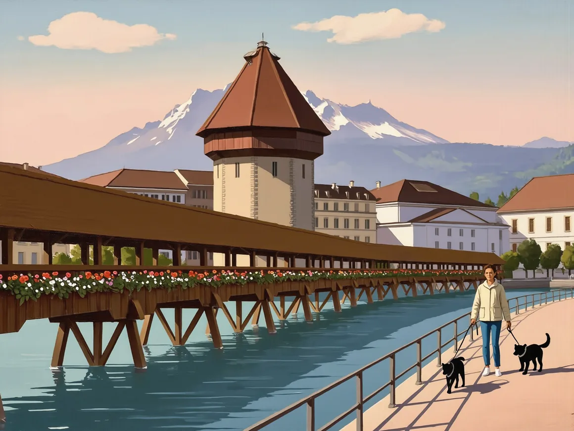 Gemälde von Luzern: die Kapellbrücke mit dem Wasserturm, dahinter Berge, und eine Frau, die zwei schwarze Hunde am Quai ausführt
