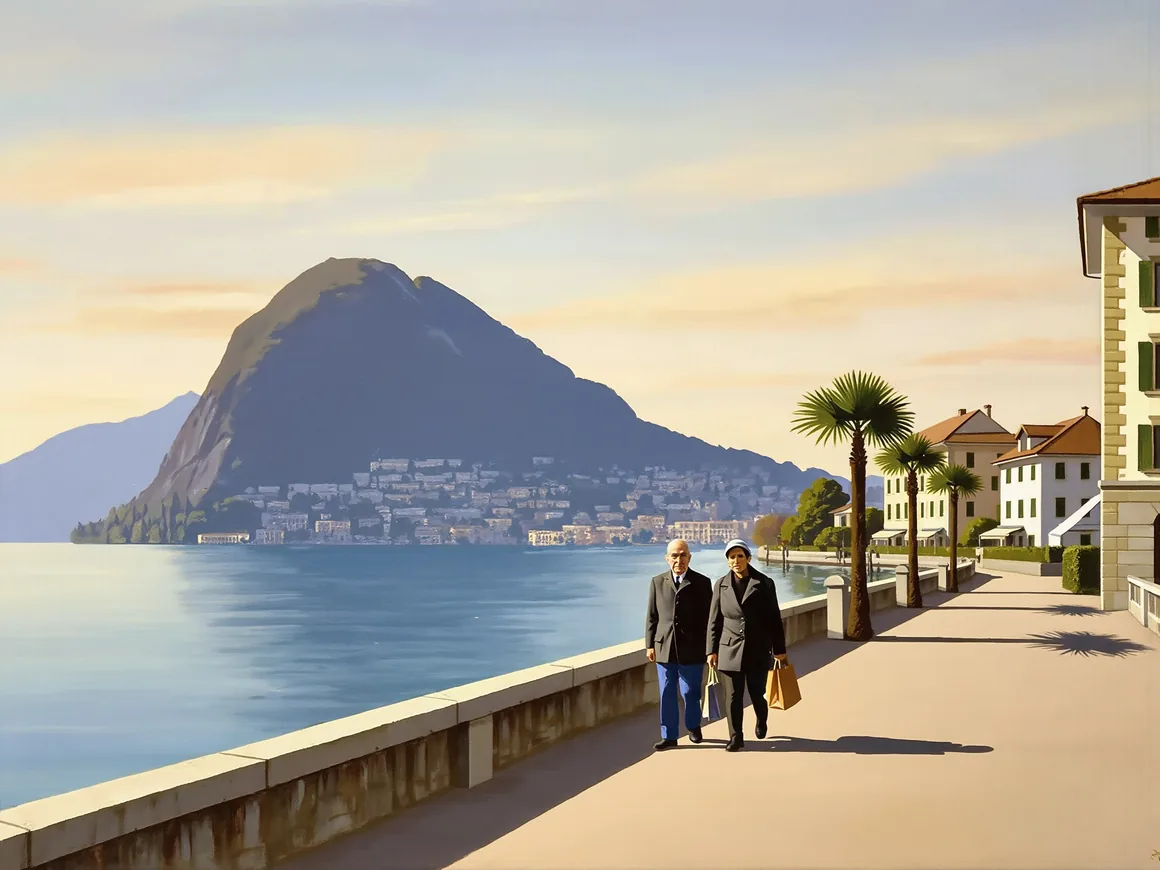 Gemälde von Lugano: der Monte San Salvatore über dem See, Palmen an der Promenade und ein älteres Paar, das Arm in Arm spaziert