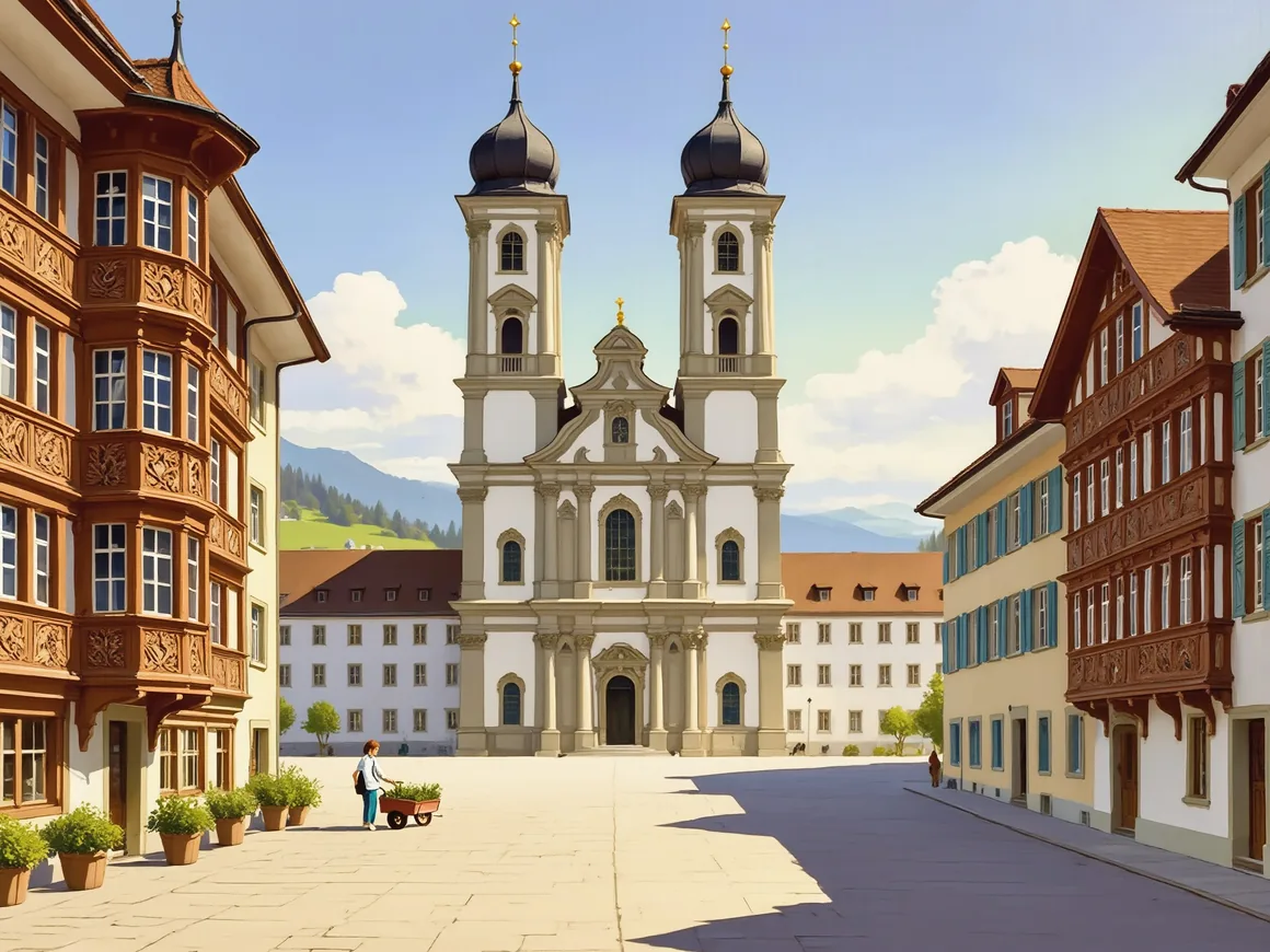 Gemälde von St. Gallen: die Doppeltürme der Stiftskirche, Altstadthäuser mit bemalten Erkern und eine Frau mit einem Wagen voller Pflanzen