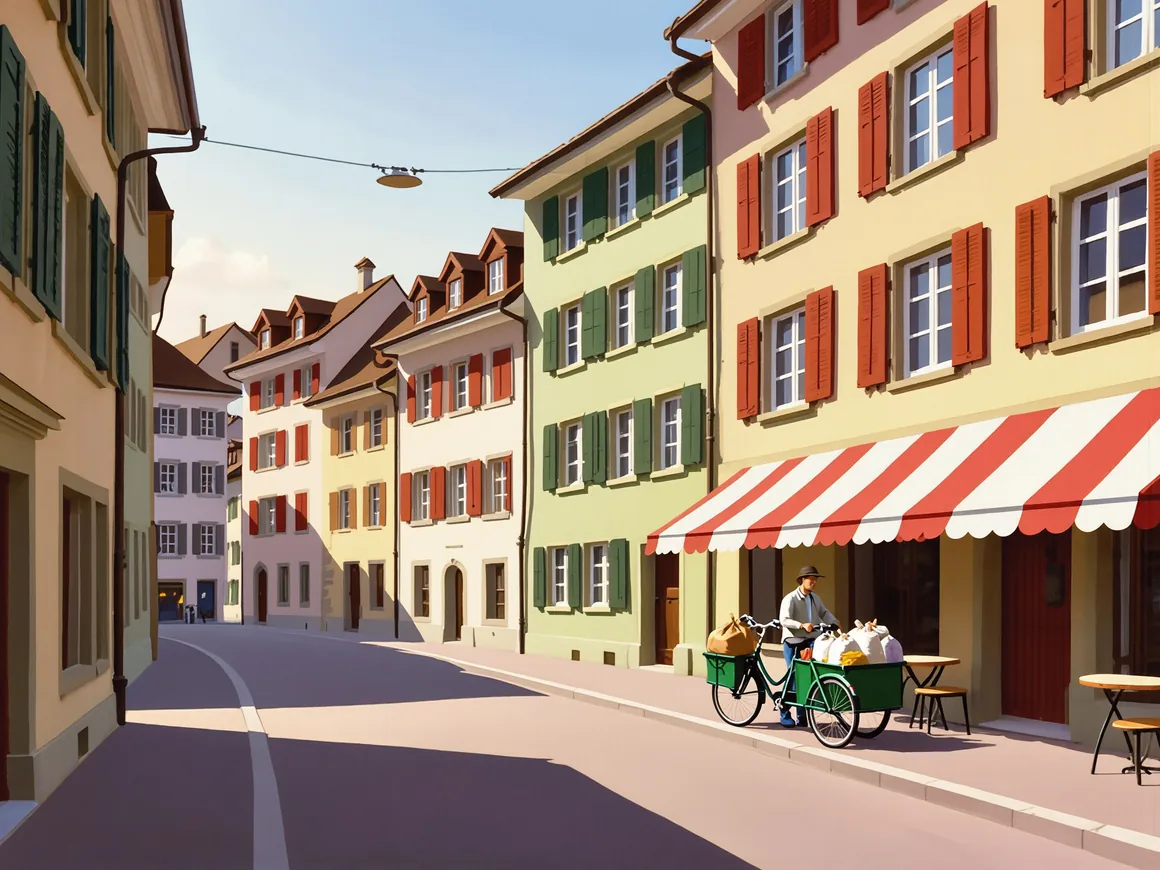 Gemälde einer Winterthurer Altstadtgasse: Häuser mit Fensterläden, eine Café-Markise und ein Kurier auf dem Lastenvelo