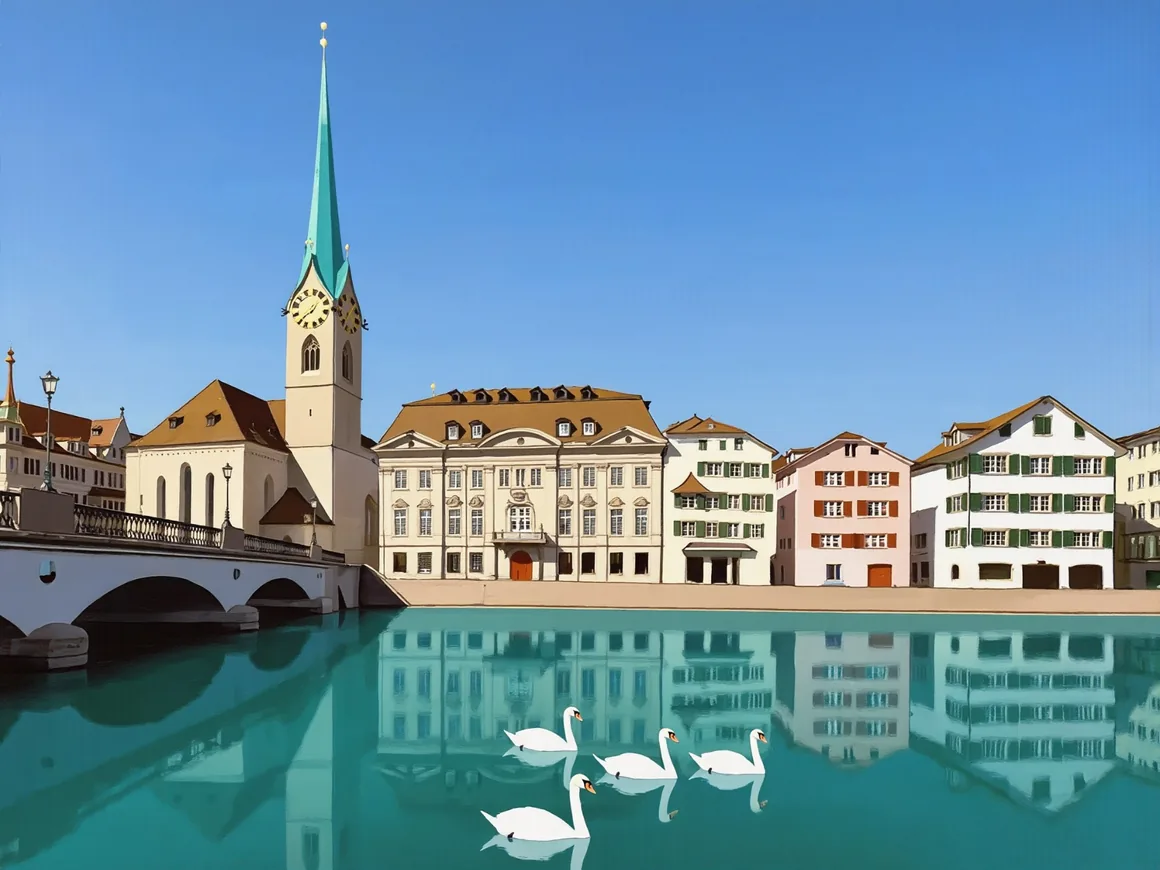 Gemälde von Zürich: die grüne Turmspitze des Fraumünsters an der Münsterbrücke, Altstadthäuser an der Limmat und vier Schwäne auf dem türkisfarbenen Wasser