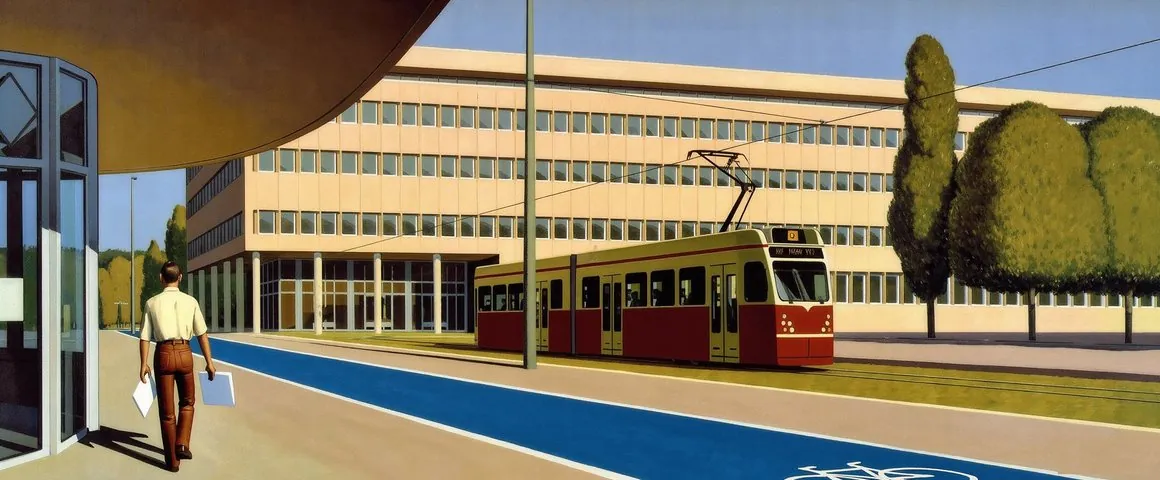 Gemälde eines jungen Mannes in hellem Hemd, der mit einem grossen weissen Umschlag aus dem Glaseingang eines modernen Amtsgebäudes tritt; auf der baumgesäumten Strasse fährt ein Tram vorbei
