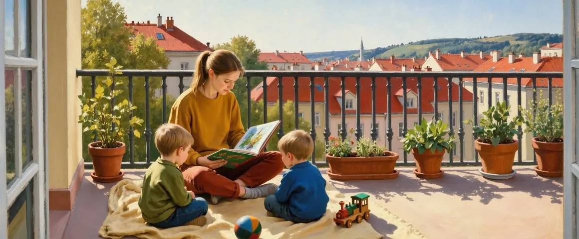 Gemälde einer Babysitterin im Teenageralter mit Pferdeschwanz, die zwei kleinen Kindern auf einer Decke auf einem sonnigen Balkon mit Topfpflanzen ein Bilderbuch vorliest; hinter dem Geländer rote Dächer