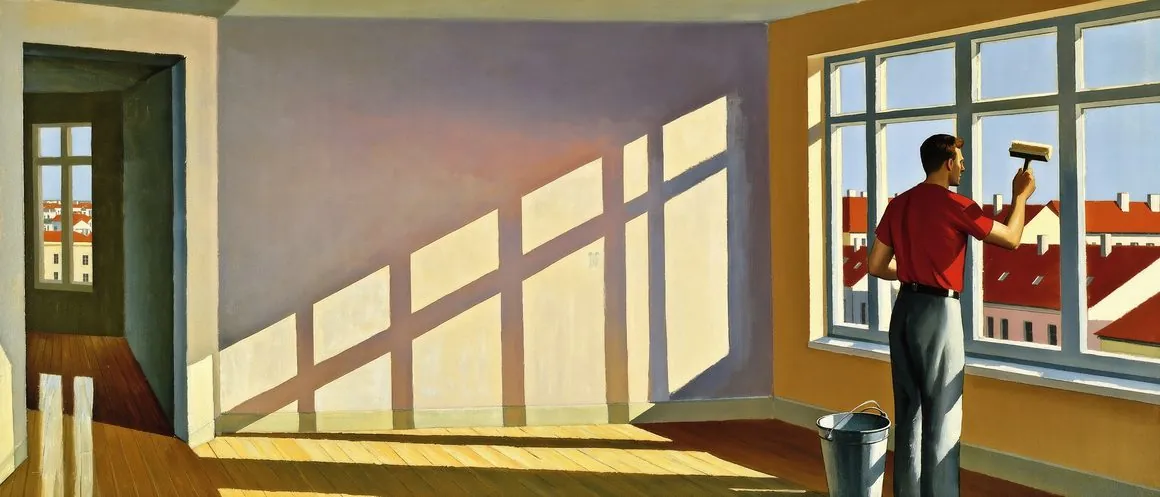 Gemälde einer Reinigungskraft, die ein hohes Fenster in einer sonnigen Wohnung putzt