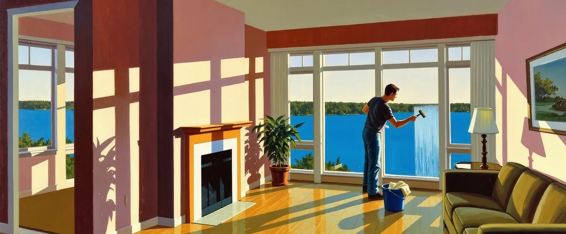 Gemälde eines jungen Mannes im dunklen T-Shirt, der in einem hellen, modernen Wohnzimmer mit Seeblick eine raumhohe Fensterscheibe mit dem Abzieher reinigt; Eimer und Lappen stehen auf dem Parkett