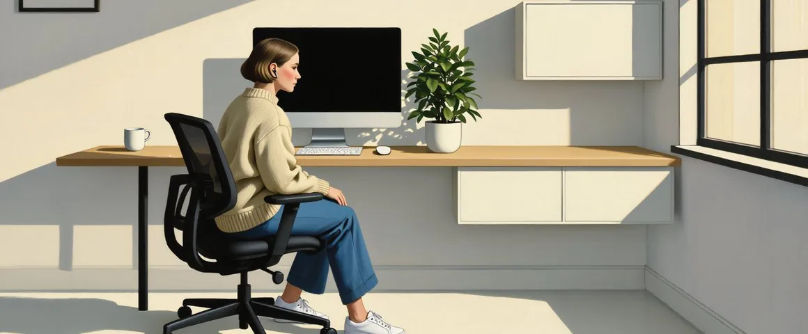 Gemälde einer jungen Freelancerin mit Bob-Frisur und Strickpullover an einem modernen Schreibtisch mit grossem Bildschirm in einer hellen, sonnigen Wohnung
