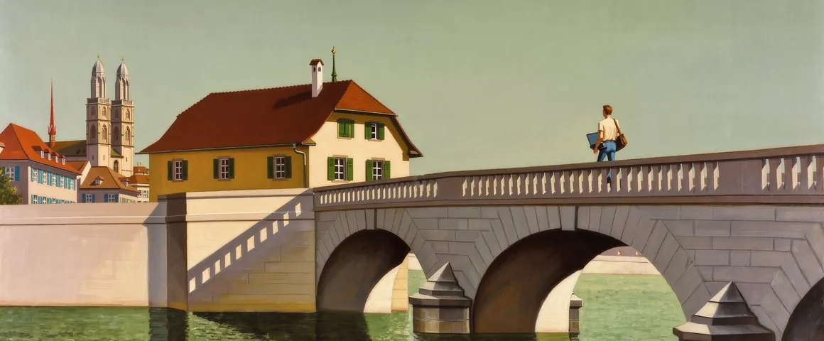 Gemälde eines jungen Mannes mit Laptoptasche, der auf einer Steinbrücke einen breiten grünen Fluss in einer Schweizer Stadt überquert; am anderen Ufer alte Häuser mit roten Dächern und ein Münsterturm