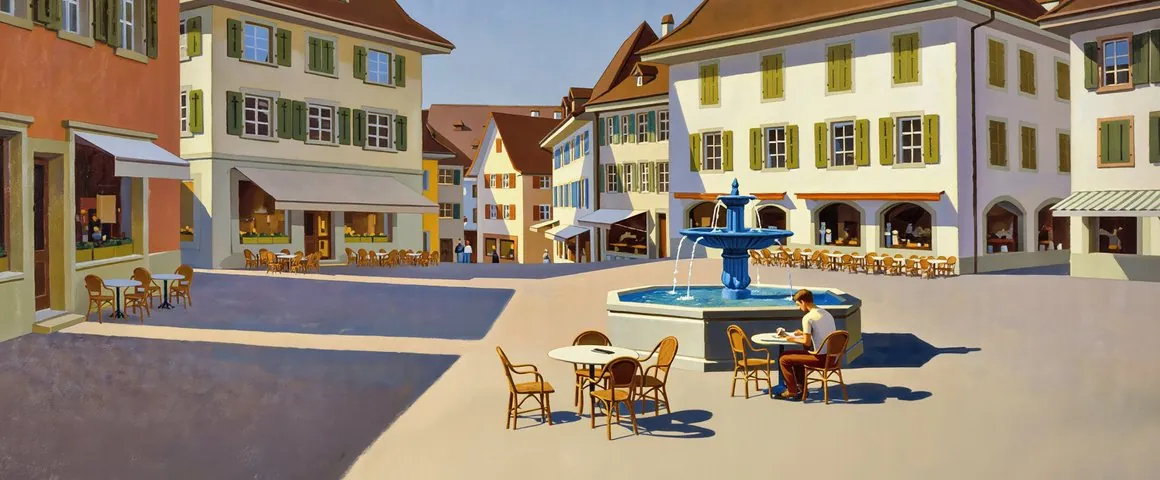 Gemälde eines jungen Mannes im T-Shirt, der an einem Cafétisch auf einem sonnigen Schweizer Stadtplatz in ein Notizbuch schreibt, daneben ein Smartphone und ein Espresso