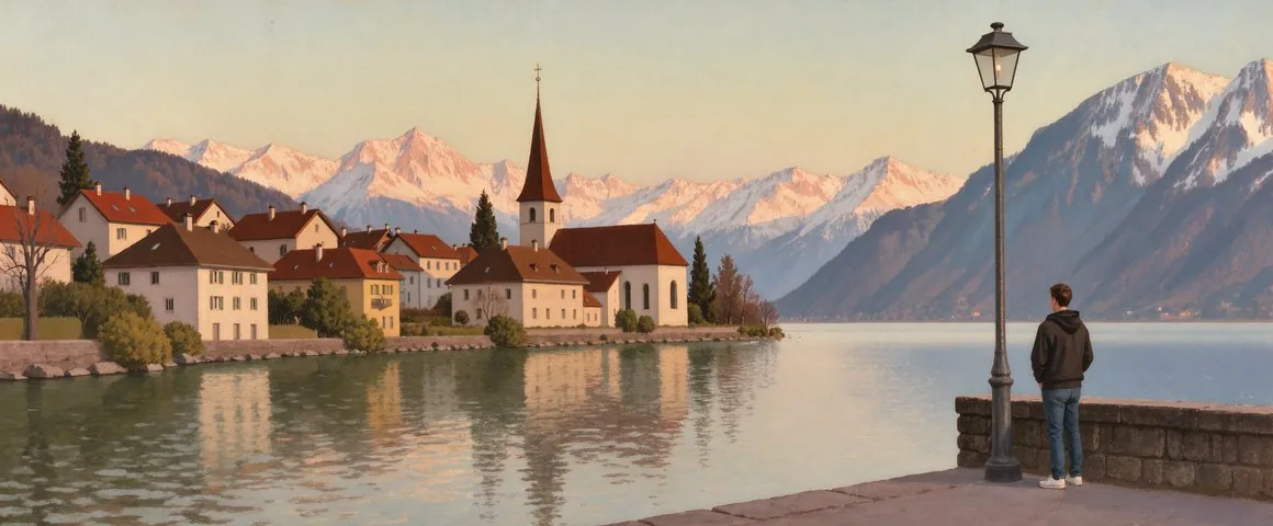 Gemälde eines jungen Mannes in Hoodie und Jeans am Geländer einer Seepromenade in einer Schweizer Stadt am Abend, dahinter alte Häuser, ein Kirchturm, der See und verschneite Berge