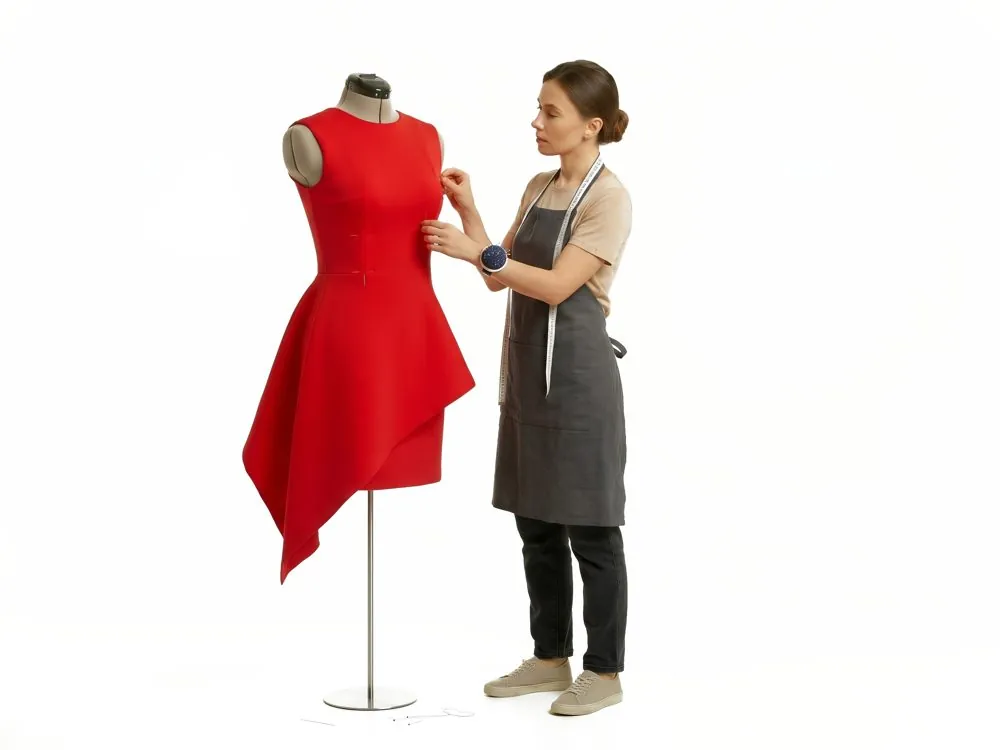 Schneider steckt ein rotes Kleid an einer Schneiderpuppe ab