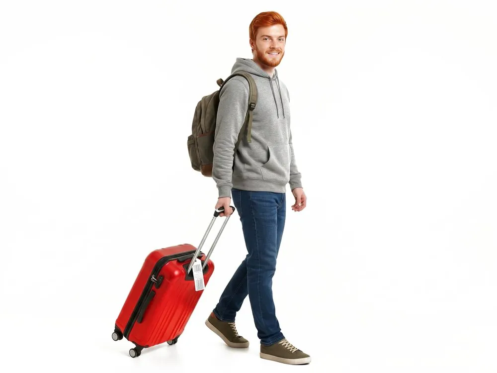 Junger Mann kommt mit Rucksack und rotem Koffer an