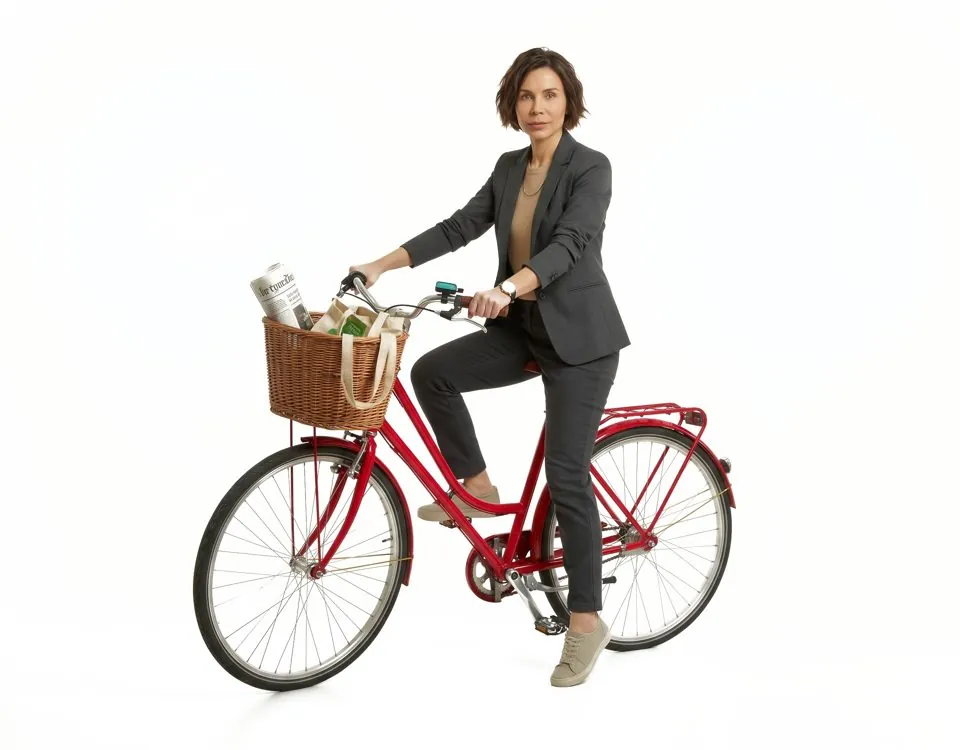 Frau im Business-Anzug auf einem roten Velo mit Korb