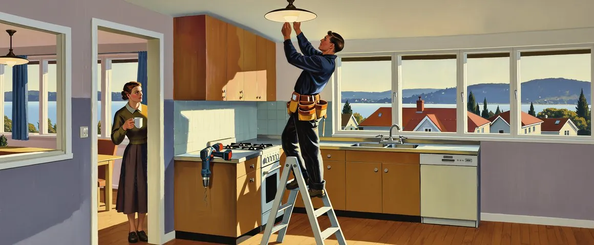 Gemälde eines jungen Elektrikers mit Werkzeuggurt auf einer Bockleiter, der in einer hellen, modernen Küche eine Deckenlampe montiert; auf der Ablage ein Akkubohrer, durchs Fenster Blick auf einen See