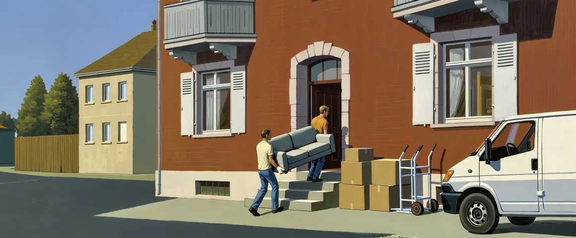 Gemälde: Zwei junge Leute in T-Shirts und Arbeitshandschuhen tragen ein graues Sofa die Aussentreppe eines alten Schweizer Mehrfamilienhauses hinauf, Kartons und eine Sackkarre auf dem Trottoir