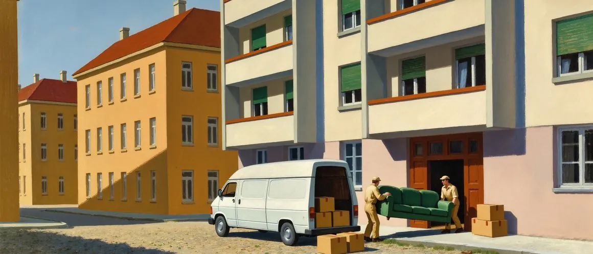 Gemälde von zwei Umzugshelfern, die ein Sofa zu einem Lieferwagen tragen