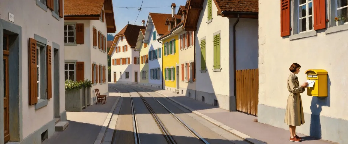 Gemälde einer Frau in hellem Mantel, die einen grossen weissen Umschlag in einen gelben Schweizer Briefkasten wirft, auf einer sonnigen Dorfstrasse mit Tramschienen und Häusern mit Fensterläden