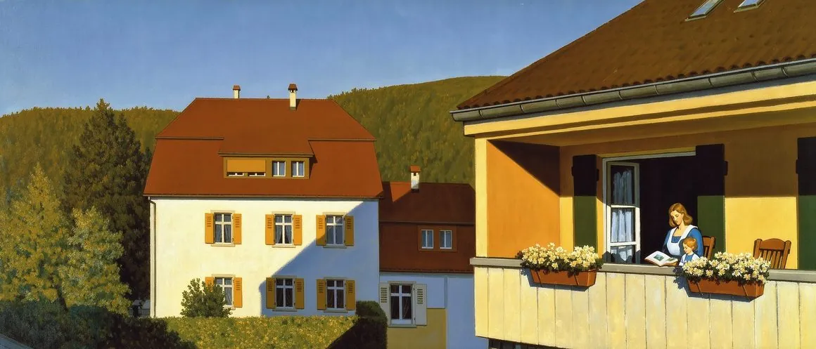 Gemälde einer Babysitterin, die einem Kind auf einem sonnigen Balkon vorliest