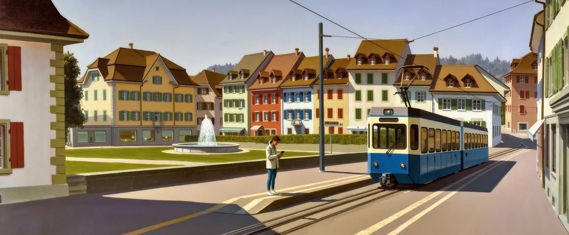 Gemälde einer jungen Frau in leichter Jacke, die an einer modernen Tramhaltestelle in einer Schweizer Stadt auf ihr Handy schaut, während ein blaues Tram einfährt; dahinter pastellfarbene Stadthäuser und ein kleiner Park
