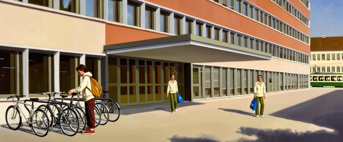 Gemälde eines Studenten mit Rucksack, der sein Velo an einem Ständer vor einem modernen Universitätsgebäude aus Glas aufschliesst; ein anderer Student geht mit einer Stofftasche vorbei