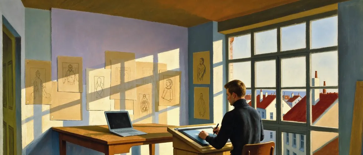 Gemälde eines Designers am Grafiktablett in einem sonnigen Atelier