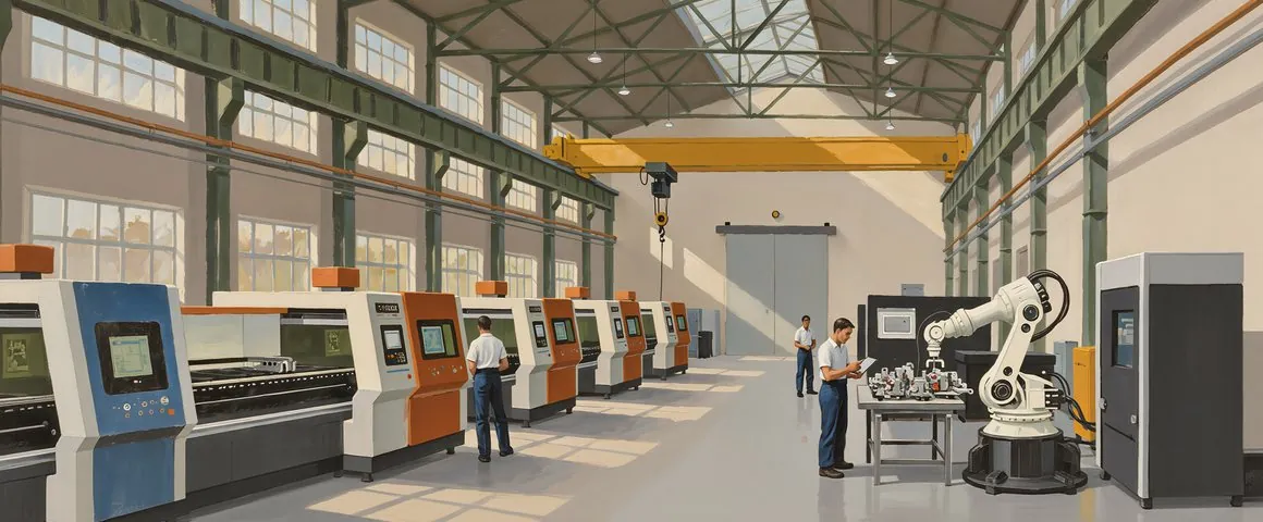 Gemälde einer modernen Schweizer Fabrikhalle von innen mit CNC-Maschinen, einem Roboterarm, einem gelben Hallenkran und Arbeitenden im Sonnenlicht