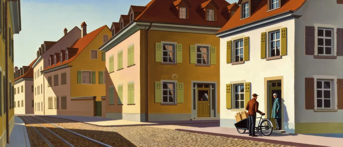Gemälde eines jungen Mannes, der mit dem Cargo-Velo Einkäufe in einer Schweizer Altstadt liefert
