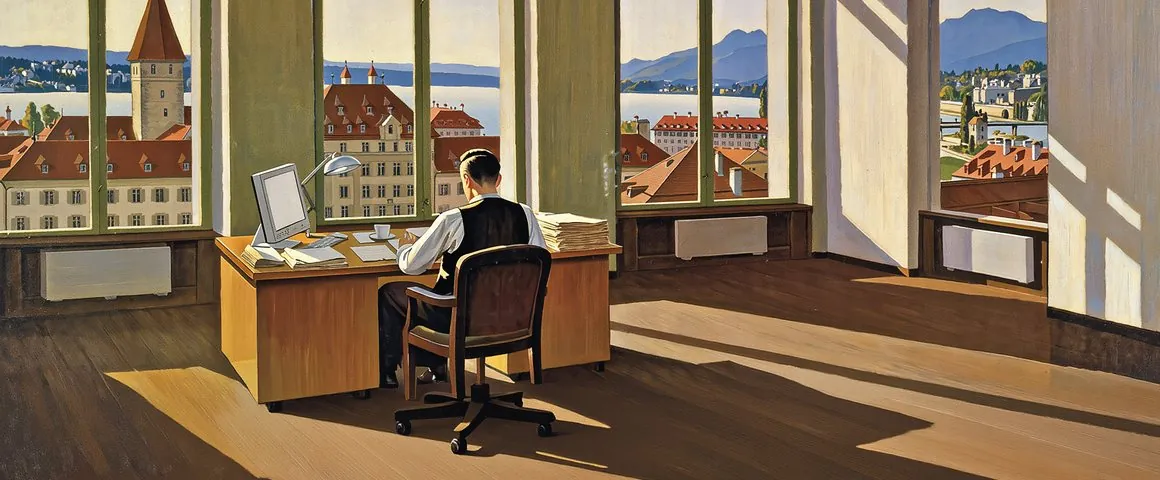Gemälde eines Buchhalters an einem Holzpult mit Papieren und einem Computer in einem hellen, etwas altmodischen Büro, durch die Fenster eine Schweizer Altstadt, ein See und Berge
