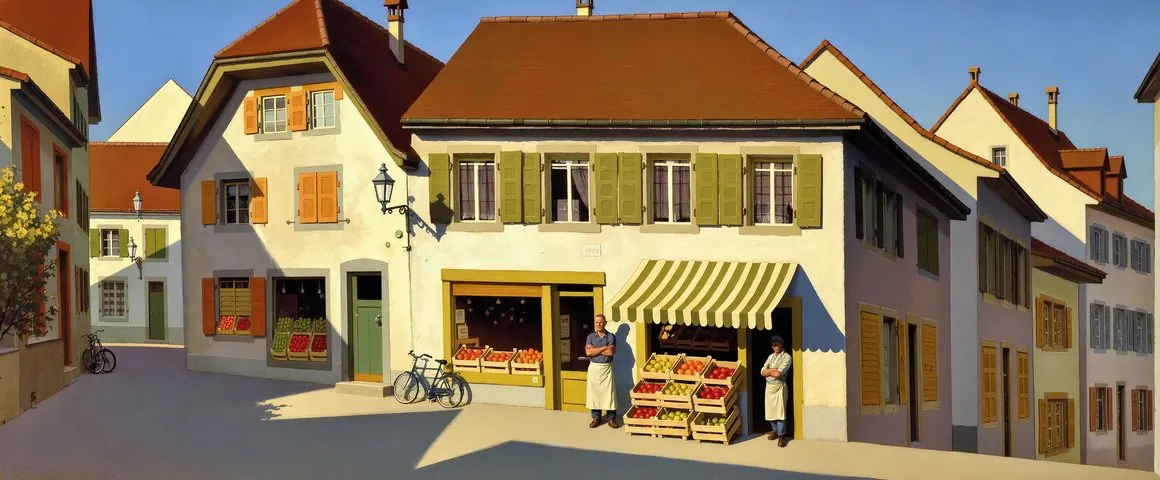 Gemälde einer sonnigen Strasse in einer Schweizer Altstadt mit einem offenen Gemüseladen unter einer gestreiften Markise und dem Ladenbesitzer, der sich im Eingang ausruht
