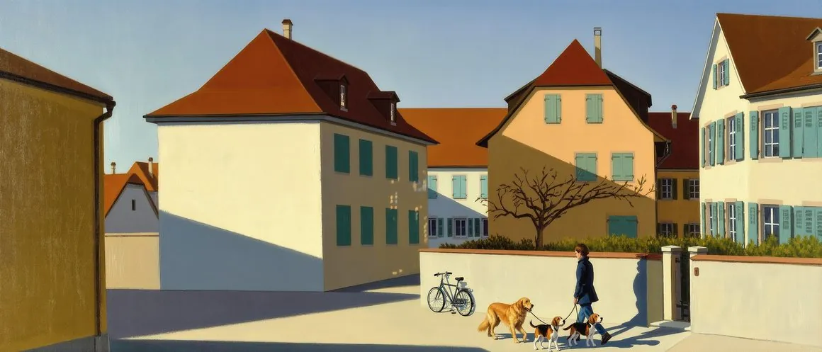 Gemälde einer Hundesitterin mit drei Hunden auf einer sonnigen Strasse in der Schweiz