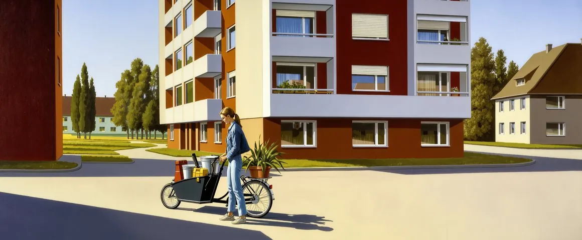Gemälde einer jungen Frau in Jeansjacke, die an einer sonnigen, modernen Wohnstrasse ein Lastenvelo mit Werkzeugkiste, Eimer und Topfpflanze belädt