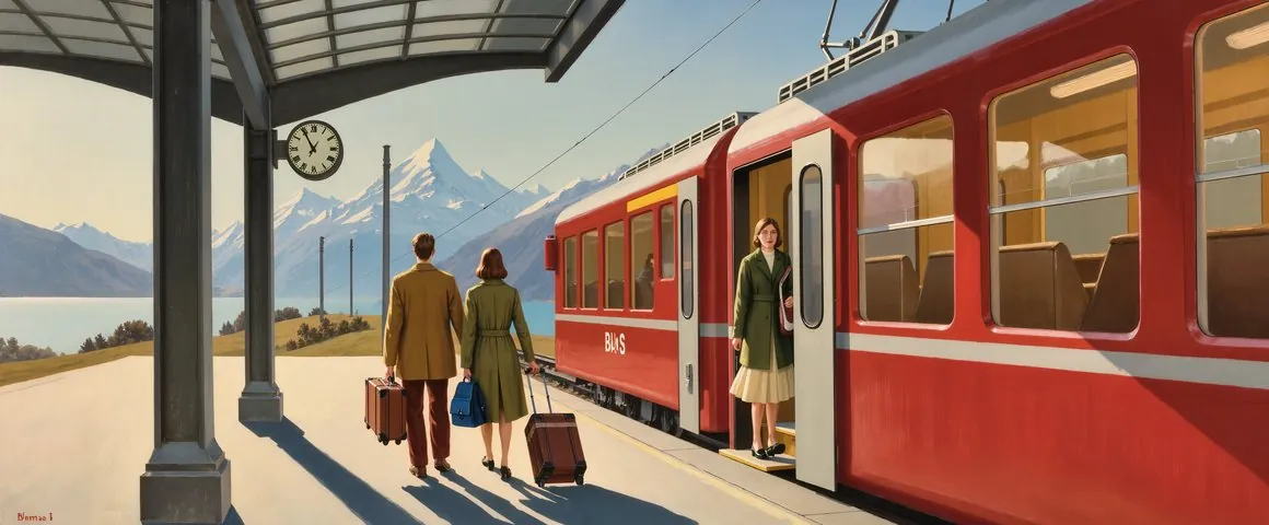 Gemälde eines jungen Paares mit Rollkoffern, das aus einem roten Schweizer Zug auf den sonnigen Perron eines kleinen Bahnhofs steigt, mit Bahnhofsuhr, Glasdach, Bergen und einem See im Hintergrund
