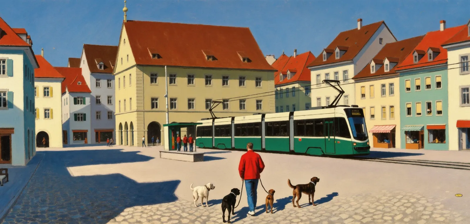Hundespaziergang mit einem Werkara-Tasker auf einem Altstadtplatz mit Tram