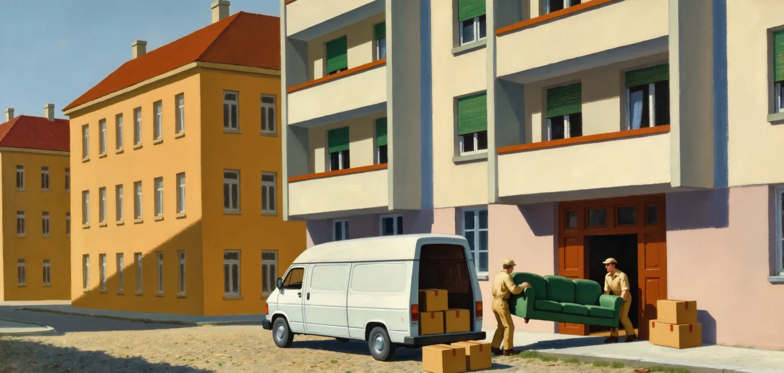 Umzugshilfe: zwei Werkara-Tasker tragen ein Sofa zum Lieferwagen