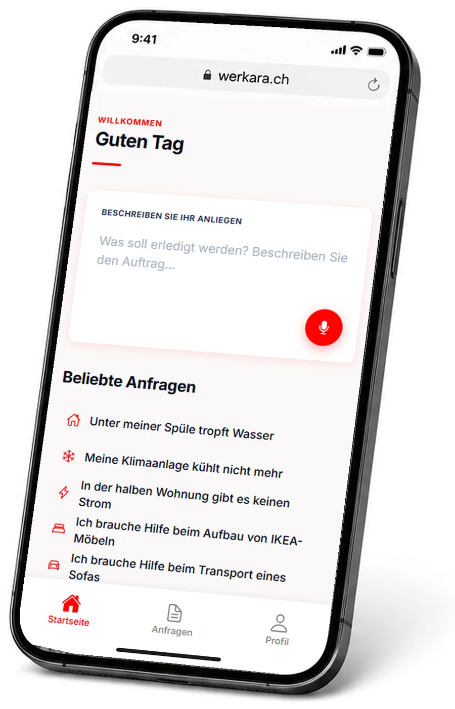 Werkara im mobilen Browser: die Startseite mit dem Feld für die Aufgabenbeschreibung und der Sprachtaste.