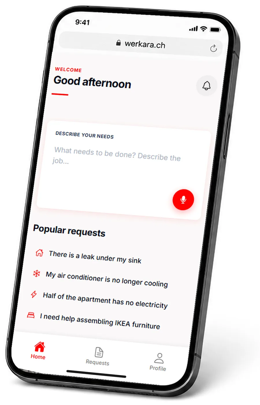 Werkara open in a mobile browser: the home screen with the field for describing a job and the voice button.