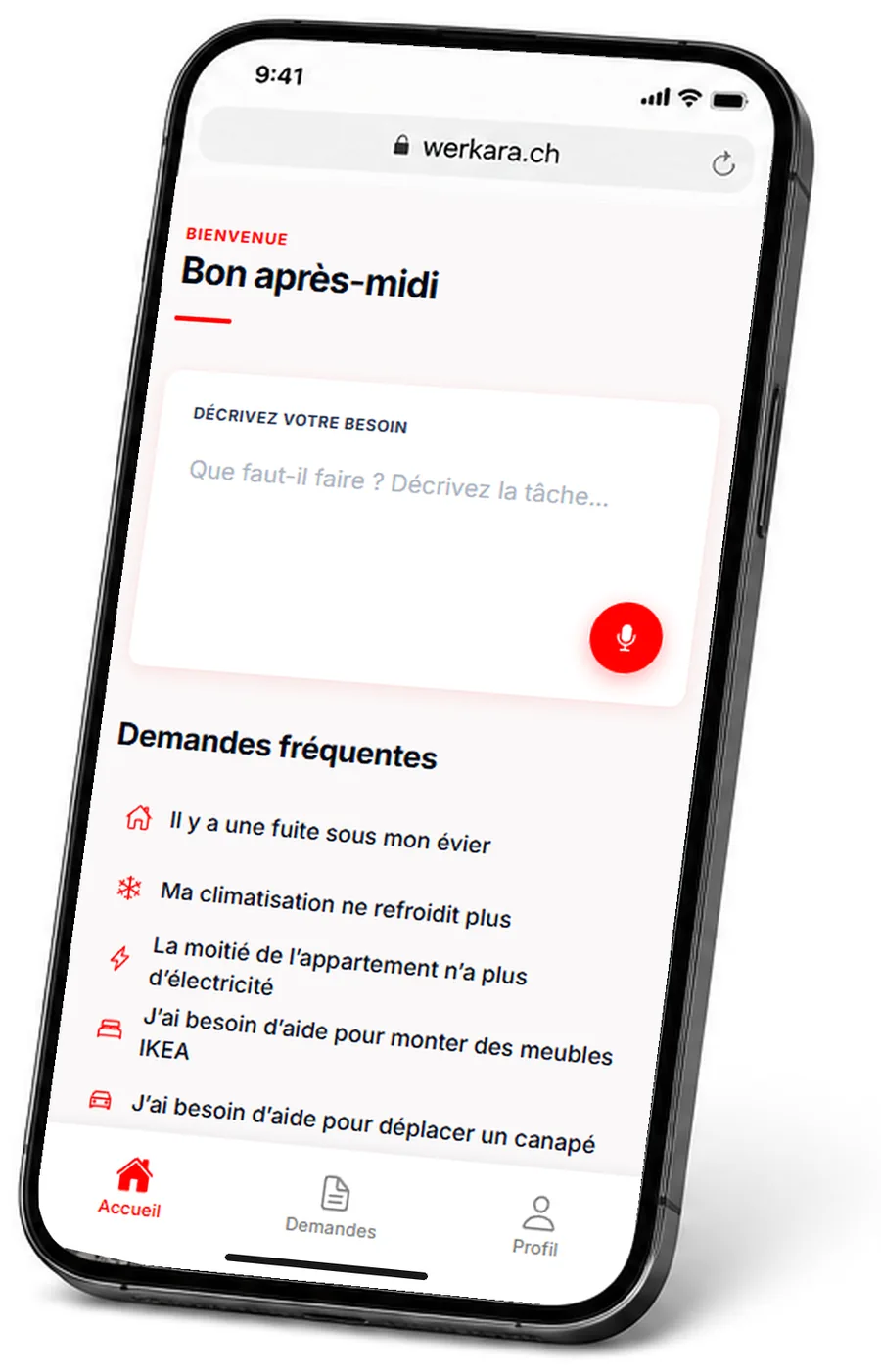 Werkara ouvert dans un navigateur mobile : l'écran d'accueil avec le champ de description de la tâche et le bouton vocal.