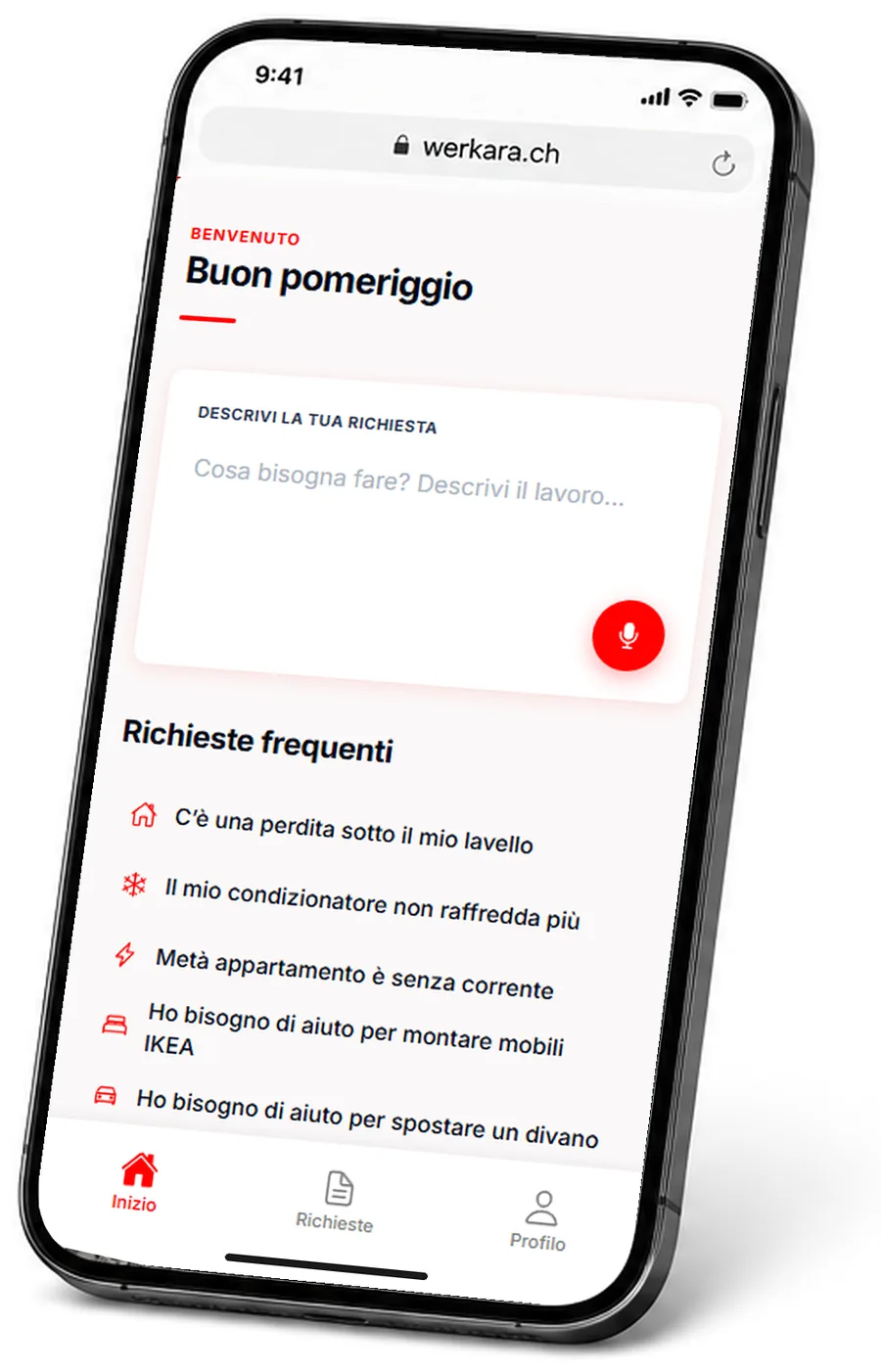 Werkara aperto nel browser del telefono: la schermata iniziale con il campo per descrivere il lavoro e il pulsante vocale.