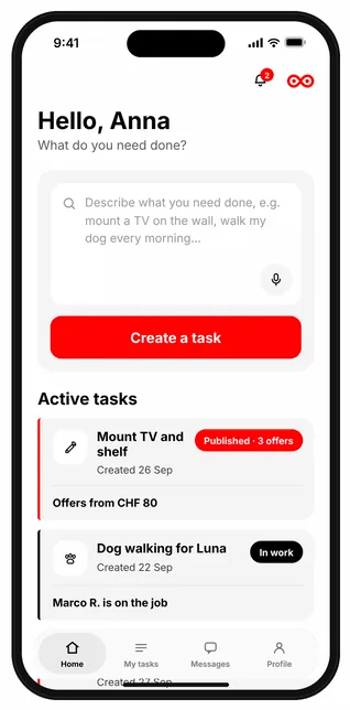 Werkara im mobilen Browser: die Startseite mit dem Feld für die Aufgabenbeschreibung und der Sprachtaste.