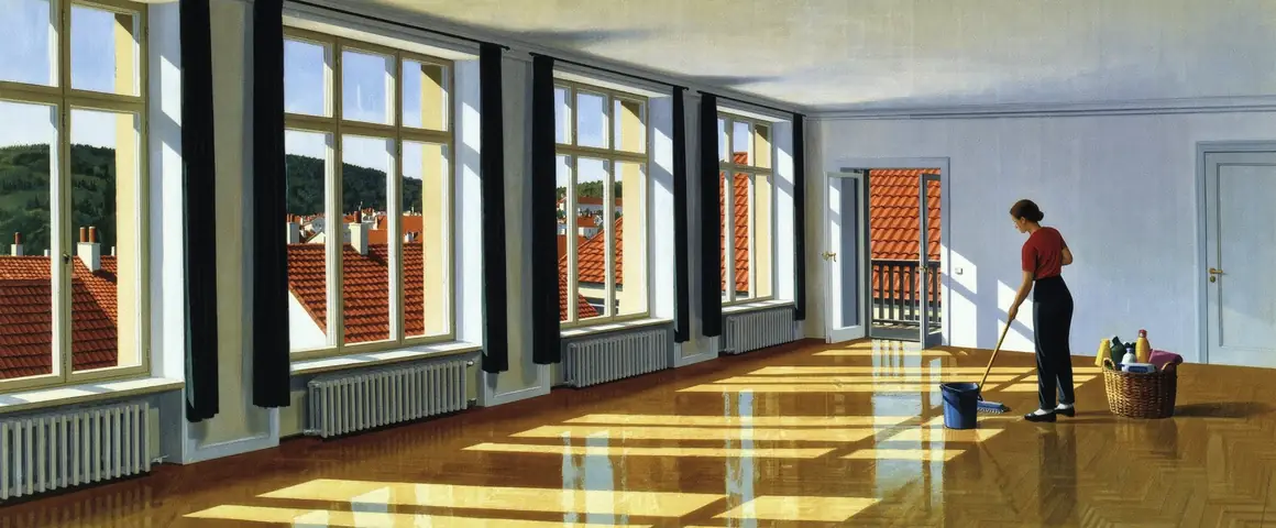 Painting of a cleaner mopping the sunlit parquet floor of a large Swiss flat with tall windows over red roofs