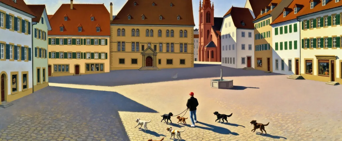 Hundesitter mit einer Gruppe Hunde auf einem sonnigen Pflasterplatz in einer Schweizer Altstadt