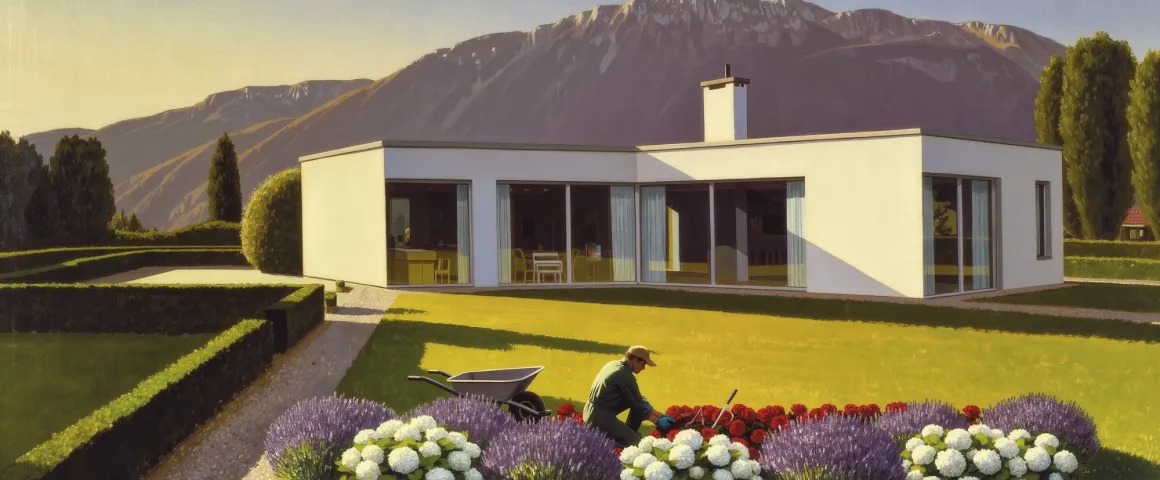 Werkara-Gärtner pflegt Lavendel und Blumenbeete in einem Privatgarten in der Schweiz