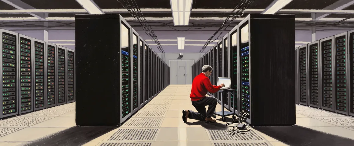 Werkara-IT-Helfer kniet mit dem Laptop zwischen Serverschränken und prüft die Verkabelung