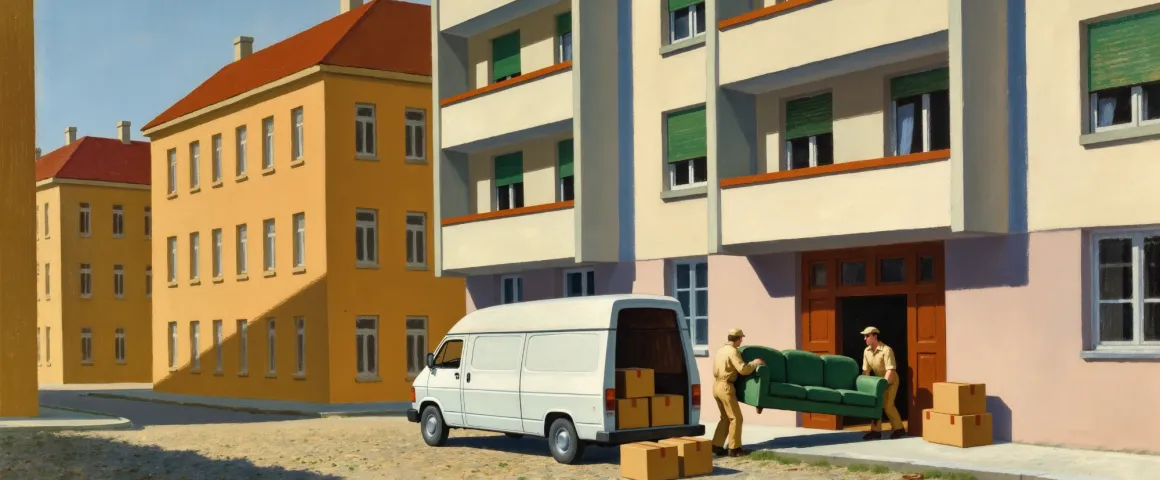 Due traslocatori Werkara portano un divano verso un furgone davanti a un condominio svizzero